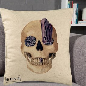 Perna Decorativa Craniu cu Cristale de Ametist, 40x40 cm, Bej, Husa Detasabila, Perna Inclusa, BEKZ®