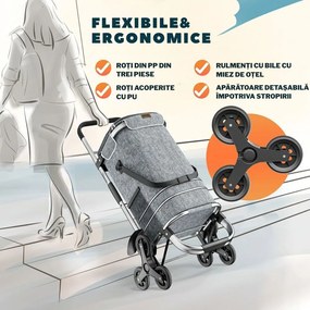 Geantă de cumpărături pe roți pentru scări COMFORT, 50L, gri Jurhan