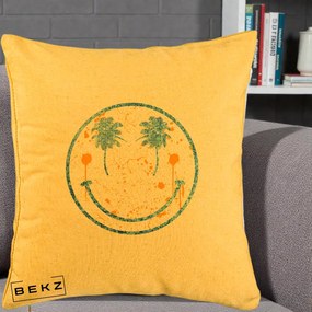 Perna Decorativa Smiley Face Tropical Albastru Glitter si Portocaliu, 40x40 cm, Galben, Husa Detasabila, Perna Inclusa, BEKZ®