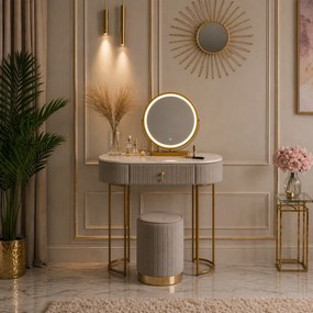 Set SARAH, Masă de toaletă pentru machiaj cu oglindă iluminată LED, control touch, sertar, taburet, 80x40x76 cm, Gri/Auriu