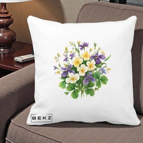 Perna Decorativa Viorele Iris Violet si Trifoi, 40x40 cm, Alba Mata, Husa Detasabila, Perna Inclusa, BEKZ®