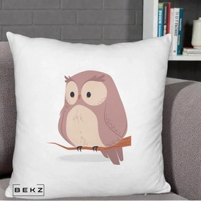 Perna Decorativa Bufnita Kawaii pe Creanga, 40x40 cm, Alb Pufos, Husa Detasabila, Perna Inclusa, BEKZ®
