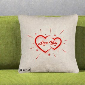 Cadou Romantic - Perna Personalizata Love You Doua Inimi, 40x40 cm, Bej Canapea, Husa Detasabila, Perna Inclusa, BEKZ®