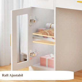 Masuta machiaj cu Oglinda LED si 3 Sertare pentru Cosmetice, Set Masa toaleta 110 cm, Alb, masuta cosmetica, vanity - SEA2