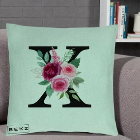 Cadou Personalizat - Perna Personalizata Monograma Florala Litera X cu Buchet, 40x40 cm, Verde Menta, Husa Detasabila, Perna Inclusa, BEKZ®