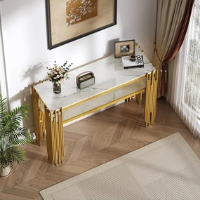 MAU42 - Masa Consola, 120 cm, masuta hol cu raft, living, dormitor - Auriu - Alb / Negru Imitatie de Marmura