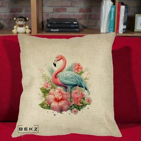 Perna Decorativa Flamingo cu Hibiscus Tropical, 40x40 cm, Crem, Husa Detasabila, Perna Inclusa, BEKZ®