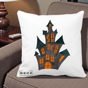 Perna Decorativa Halloween Casa Bantuita Minimalista, 40x40 cm, Alba Mata, Husa Detasabila, Perna Inclusa, BEKZ®