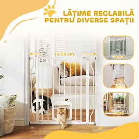 PawHut Poartă pentru Câini și Pisici Extensibilă cu Ușă Integrată, Poartă din Oțel și ABS, 75-85x2x76 cm, Alb | Aosom Romania