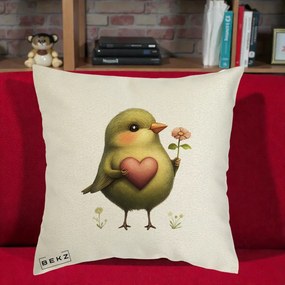 Perna Decorativa Pasare Verde cu Inima si Floare, 40x40 cm, Ecru, Husa Detasabila, Perna Inclusa, BEKZ®