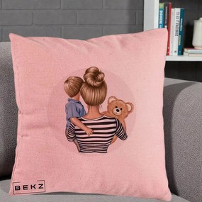 Cadou pentru Mama - Perna Personalizata Mama si Baietelul cu Ursulet, 40x40 cm, Roz, Husa Detasabila, Perna Inclusa, BEKZ®