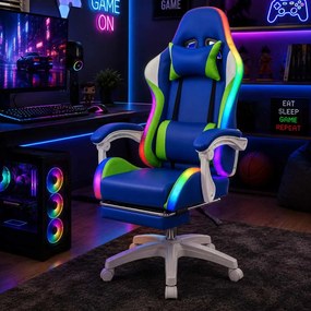 Scaun gaming albastru piele ecologica cu suport picioare si banda LED RGB OFF 298