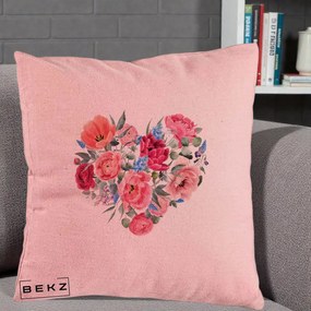 Perna Decorativa Inima din Bujori Acuarela, 40x40 cm, Roz, Husa Detasabila, Perna Inclusa, BEKZ®