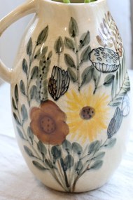 Carafă decorativă din ceramică cu motiv floral, H25/D17 cm, crem