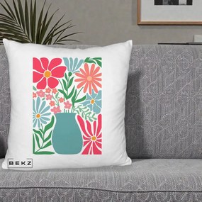 Perna Decorativa Flori in Vaza Turcoaz, 40x40 cm, Alb Pufos, Husa Detasabila, Perna Inclusa, BEKZ®