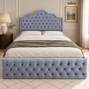 Pat tapițat Chesterfield din catifea Imperio Deluxe 160×200 cm, gri deschis, cu ladă de depozitare