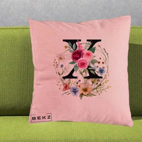 Cadou Personalizat - Perna Personalizata Monograma Florala Litera X cu Coroana, 40x40 cm, Roz, Husa Detasabila, Perna Inclusa, BEKZ®