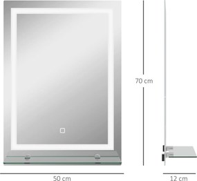 Kleankin Oglindă de Baie cu Lumini LED în 3 Culori Reglabile și Raft din Sticlă, 50x12x70 cm, Argintiu | Aosom Romania