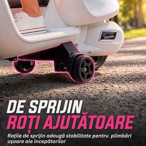 AIYAPLAY Motocicletă Electrică pentru Copii cu Licență Vespa, Baterie Reîncărcabilă 6V, Roți Ajutătoare și Lumini, 2-4 Ani, Albă | Aosom Romania