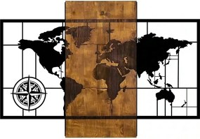 Decoratiune perete WORLD MAP WITH COMPASS, negru/nuc, lemn/metal, 85x5