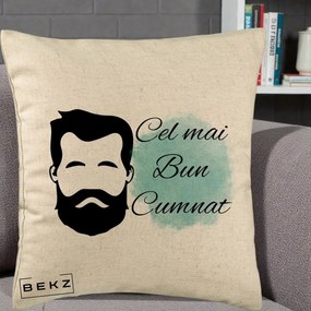 Cadou pentru Cumnat - Perna Personalizata Cel mai Bun Cumnat cu Portret Barbat si Pete Teal, 40x40 cm, Bej, Husa Detasabila, Perna Inclusa, BEKZ®