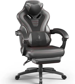 DOWINX Scaun gaming, ergonomic, suport lombar cu masaj, Șezut cu Arcuri Metalice și Spumă, Spătar înalt, rabatabil 90°-145°, Buzunar depozitare, Suport picioare, rezistent 150 kg, material PU respirabil, Negru/Gri