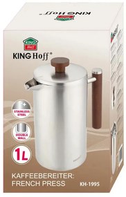 Presă franceză pentru cafea / ceai Kinghoff KH 1995, 1 l, Oțel inoxidabil, Pereți dubli, Inox