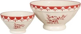 Bol din ceramică artizanală, natur, cu motive florale pictate manual roșu și bordură decorativă, 23×12 cm, „Marion"