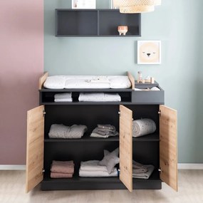 Comodă de copii gri antracit/în culoare naturală joasă cu aspect de lemn de stejar cu masă de schimbat 118x103 cm Lenn – Roba