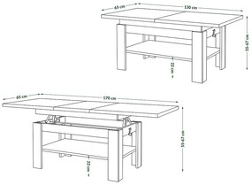 Mazzoni RIO Stejar Artisan/Negru Mat - MĂSUȚĂ DE CAFEA EXTENSIBILĂ CU RAFT