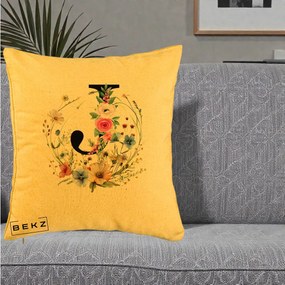 Cadou Personalizat - Perna Personalizata Monogram Litera J cu Flori Acuarela, 40x40 cm, Galben, Husa Detasabila, Perna Inclusa, BEKZ®