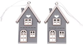 Căsuță suspendată din lemn, gri, înălțime 9 cm, SET DE 4 PIESE