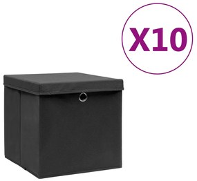 Cutii de depozitare cu capac, 10 buc., negru, 28x28x28 cm 10, Negru cu capace, 1, 10