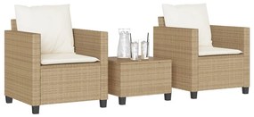 vidaXL Set bistro cu perne, 3 piese, bej, poliratan