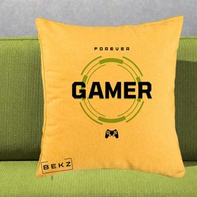 Perna Personalizata Forever Gamer, 40x40 cm, Galben, Husa Detasabila, Perna Inclusa, BEKZ®