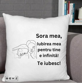 Cadou pentru Sora - Perna Personalizata Sora Mea Te Iubesc Line Art Portrete Fata in Fata, 40x40 cm, Alb Pufos, Husa Detasabila, Perna Inclusa, BEKZ®
