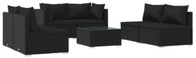 Set mobilier de gradina cu perne, 7 piese, negru, poliratan Negru, 4x mijloc + 2x colt + masa, 1