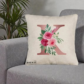 Cadou Personalizat - Perna Personalizata Monograma Rose Gold Litera K, 40x40 cm, Bej Canapea, Husa Detasabila, Perna Inclusa, BEKZ®
