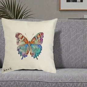 Perna Decorativa Fluture Acuarela Multicolor Portocaliu-Bleu-Mov, 40x40 cm, Ecru, Husa Detasabila, Perna Inclusa, BEKZ®