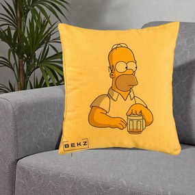 Perna Personalizata Homer Simpson cu Bere, 40x40 cm, Galben, Husa Detasabila, Perna Inclusa, BEKZ®