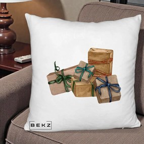 Perna Decorativa Cadouri de Craciun Kraft, 40x40 cm, Alb Pufos, Husa Detasabila, Perna Inclusa, BEKZ®