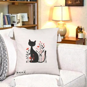 Perna Decorativa Pisica Neagra Flori Rosii Folk Minimal, 40x40 cm, Bej cu Franjuri, Husa Detasabila, Perna Inclusa, BEKZ®