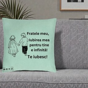 Cadou pentru Frate - Perna Personalizata Fratele Meu Te Iubesc Copii Tinand Maini Varianta 2, 40x40 cm, Verde Menta, Husa Detasabila, Perna Inclusa, BEKZ®