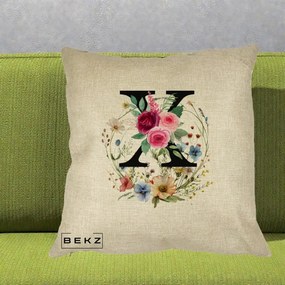 Cadou Personalizat - Perna Personalizata Monograma Florala Litera X cu Coroana, 40x40 cm, Crem, Husa Detasabila, Perna Inclusa, BEKZ®