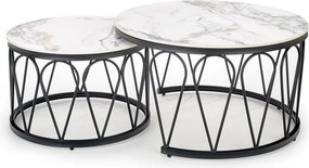 Set 2 masute cafea FORMOSA, alb cu efect de marmura/negru, ceramica/ot