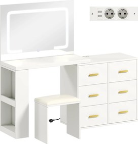 HOMCOM Toaletă cu oglindă și taburet, masă de machiaj cu iluminare LED reglabilă, 6 sertare, 118 x 78 x 135 cm, alb | Aosom Romania