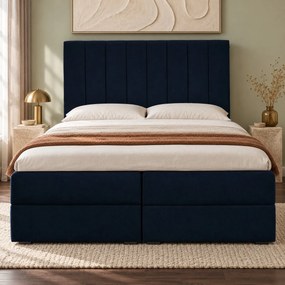 Pat boxspring din catifea Novella cu ladă 180×200 cm, bleumarin