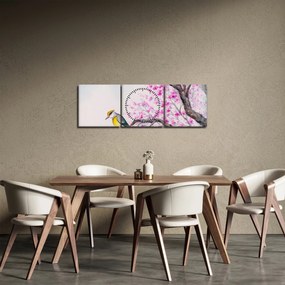 Tablou - Pasăre pe un copac cu flori roz (cu ceas) (90x30 cm)