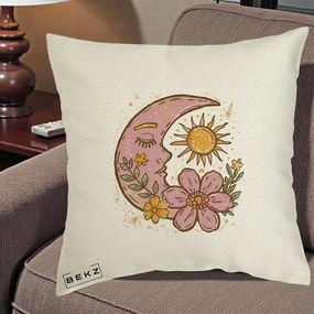 Perna Personalizata Luna si Soare Floral Boho, 40x40 cm, Ecru, Husa Detasabila, Perna Inclusa, BEKZ®
