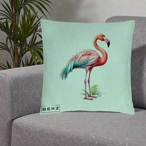 Perna Decorativa Flamingo Roz cu Pene Teal, 40x40 cm, Verde Menta, Husa Detasabila, Perna Inclusa, BEKZ®